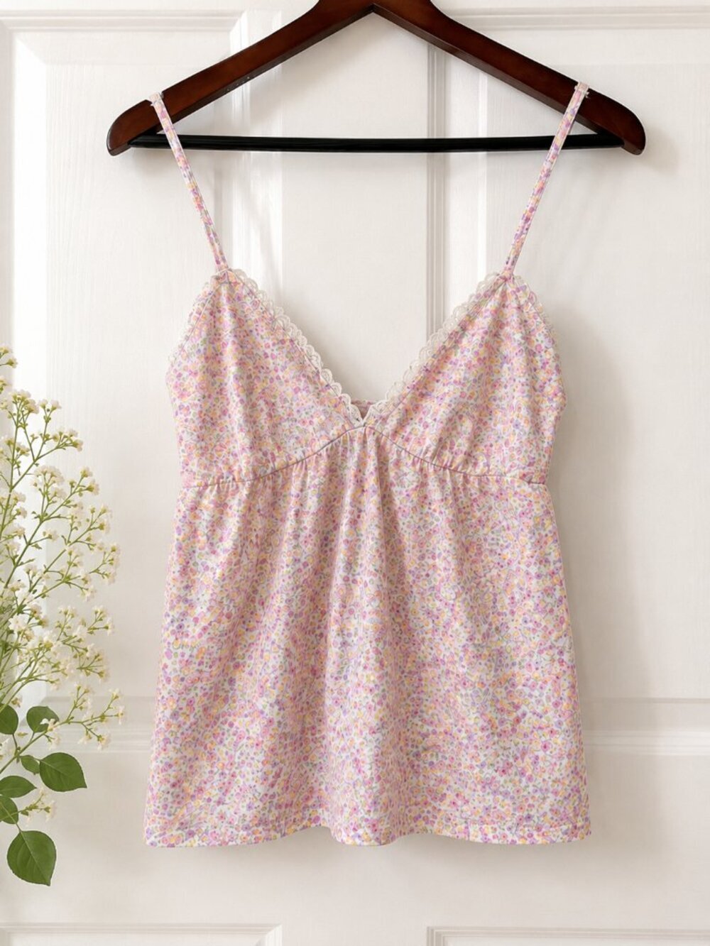 Floral Lace Trim Babydoll Cami Top Cottagecore Coquette Fairy Y2K Women's M